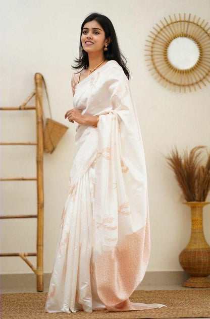 White Pure Kanjivaram Silk Saree With Blouse Piece