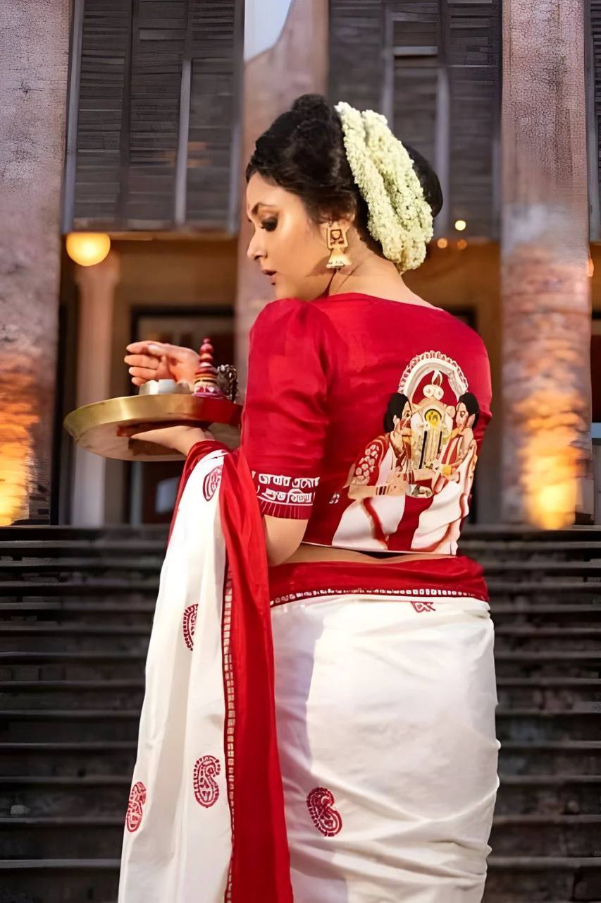 DurgA Puja Saree Cotton Handloom - White Red