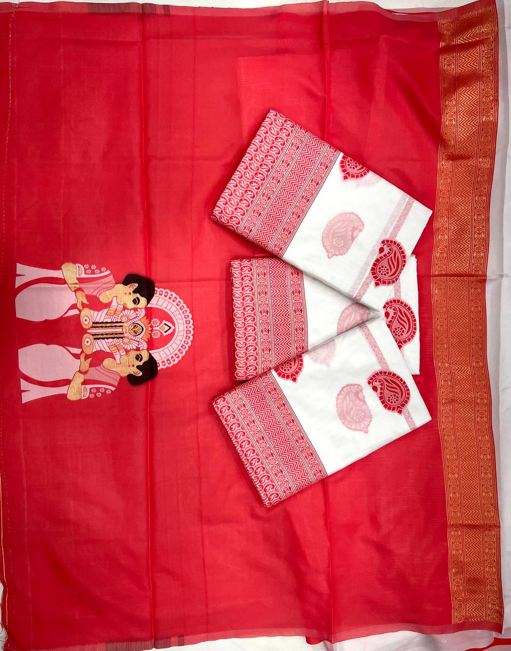 DurgA Puja Saree Cotton Handloom - White Red