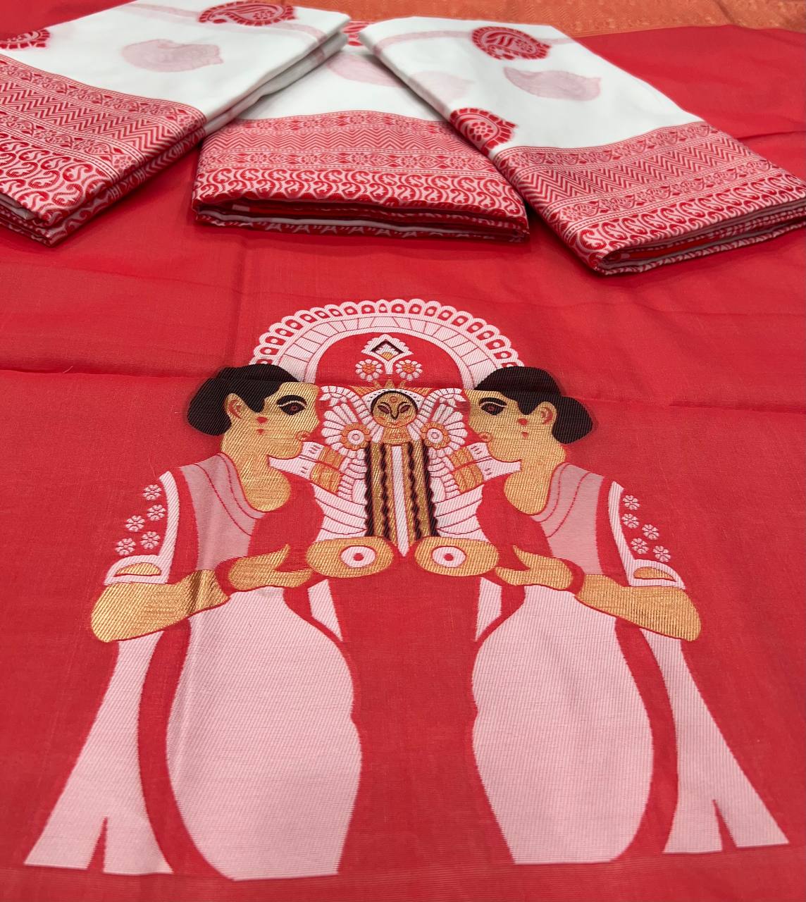 DurgA Puja Saree Cotton Handloom - White Red