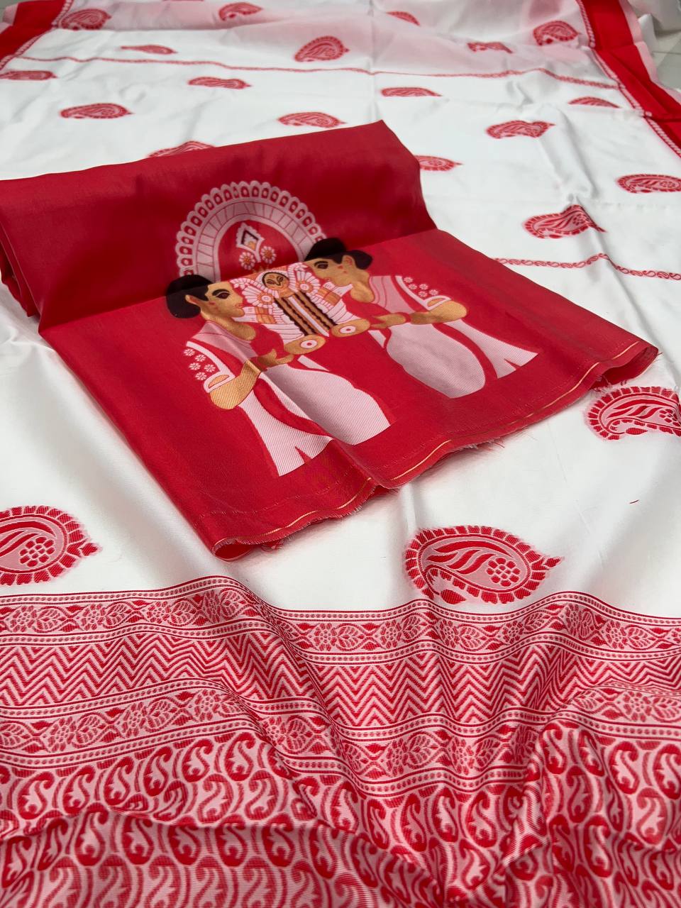DurgA Puja Saree Cotton Handloom - White Red