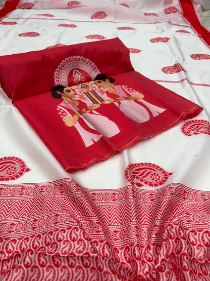 DurgA Puja Saree Cotton Handloom - White Red
