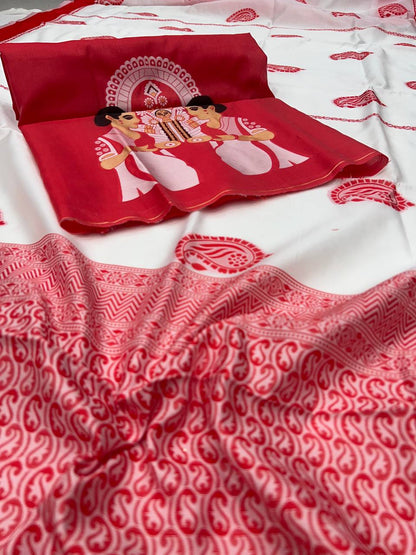 DurgA Puja Saree Cotton Handloom - White Red