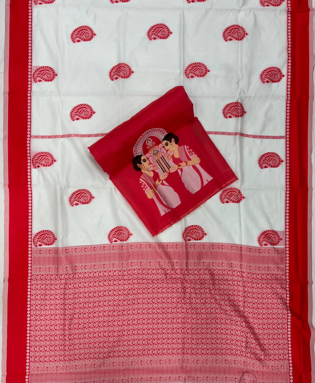 DurgA Puja Saree Cotton Handloom - White Red