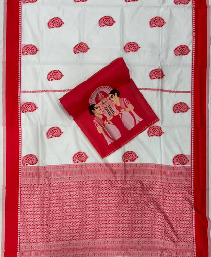 DurgA Puja Saree Cotton Handloom - White Red