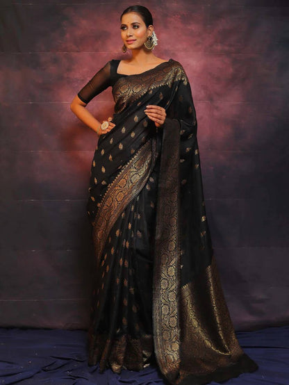 Black Color Banarasi Lichi Silk With Antique Gold Zari Work Saree With Blouse Piece