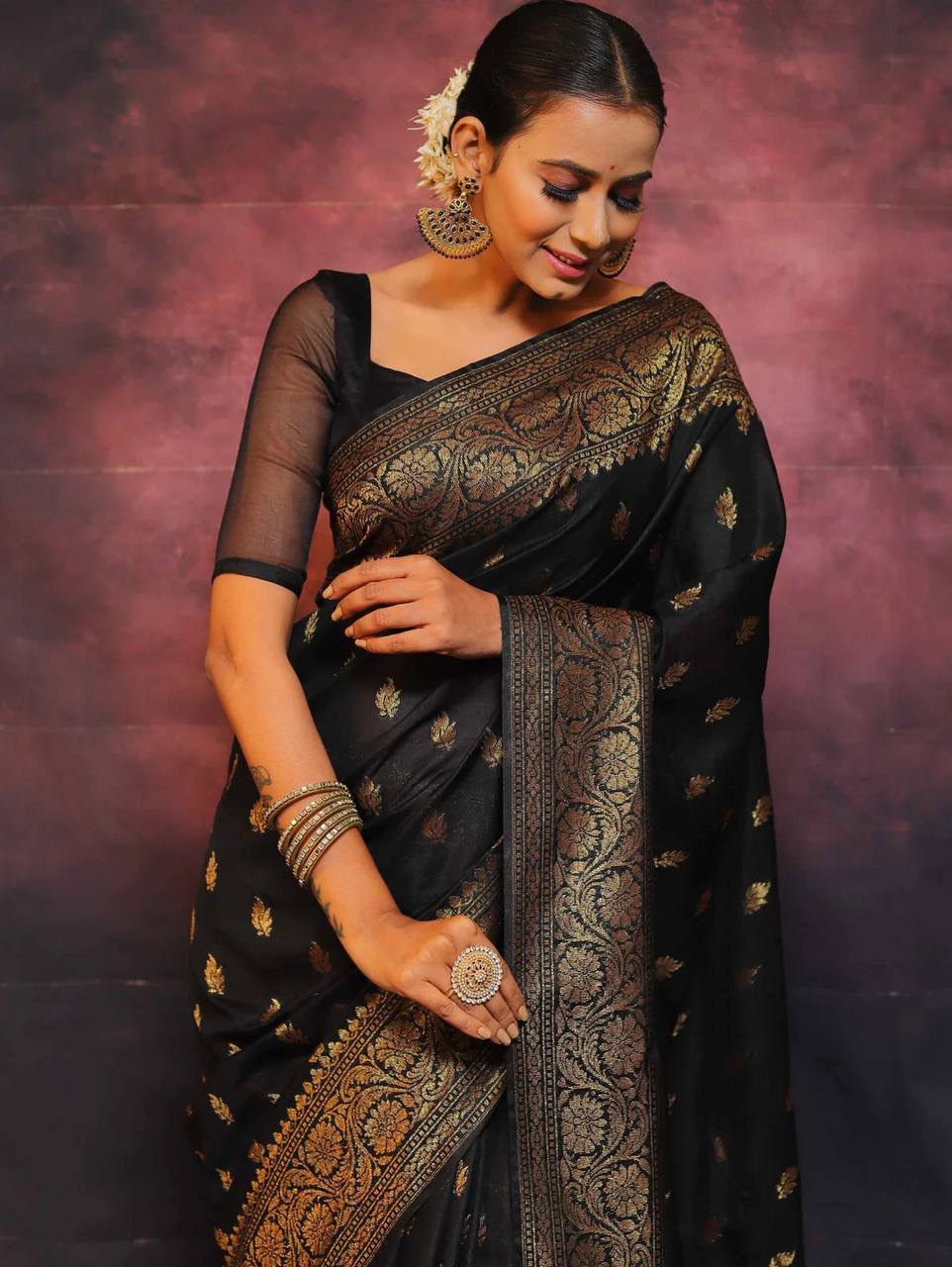 Black Color Banarasi Lichi Silk With Antique Gold Zari Work Saree With Blouse Piece