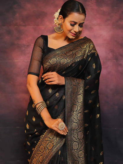 Black Color Banarasi Lichi Silk With Antique Gold Zari Work Saree With Blouse Piece