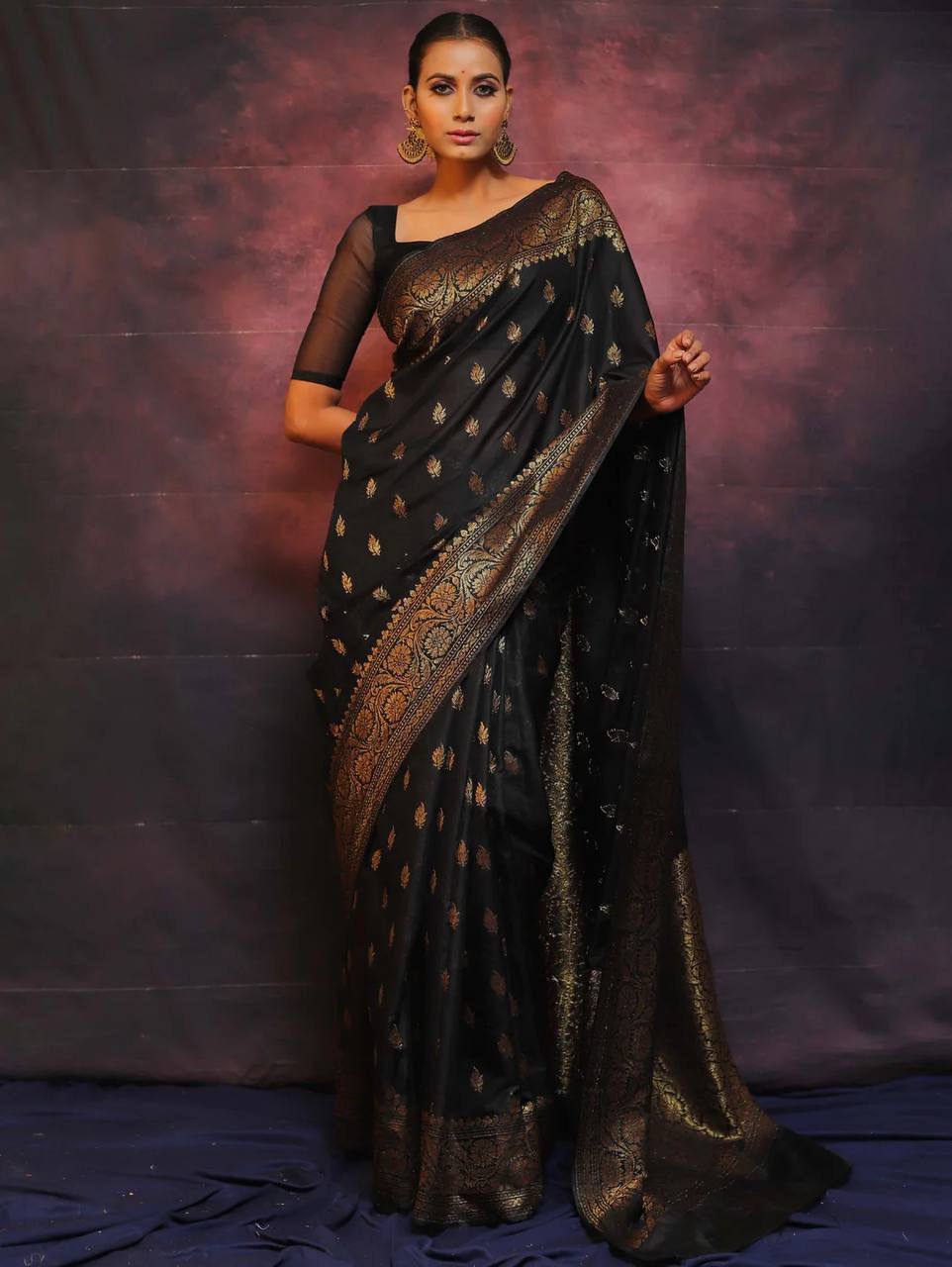Black Color Banarasi Lichi Silk With Antique Gold Zari Work Saree With Blouse Piece
