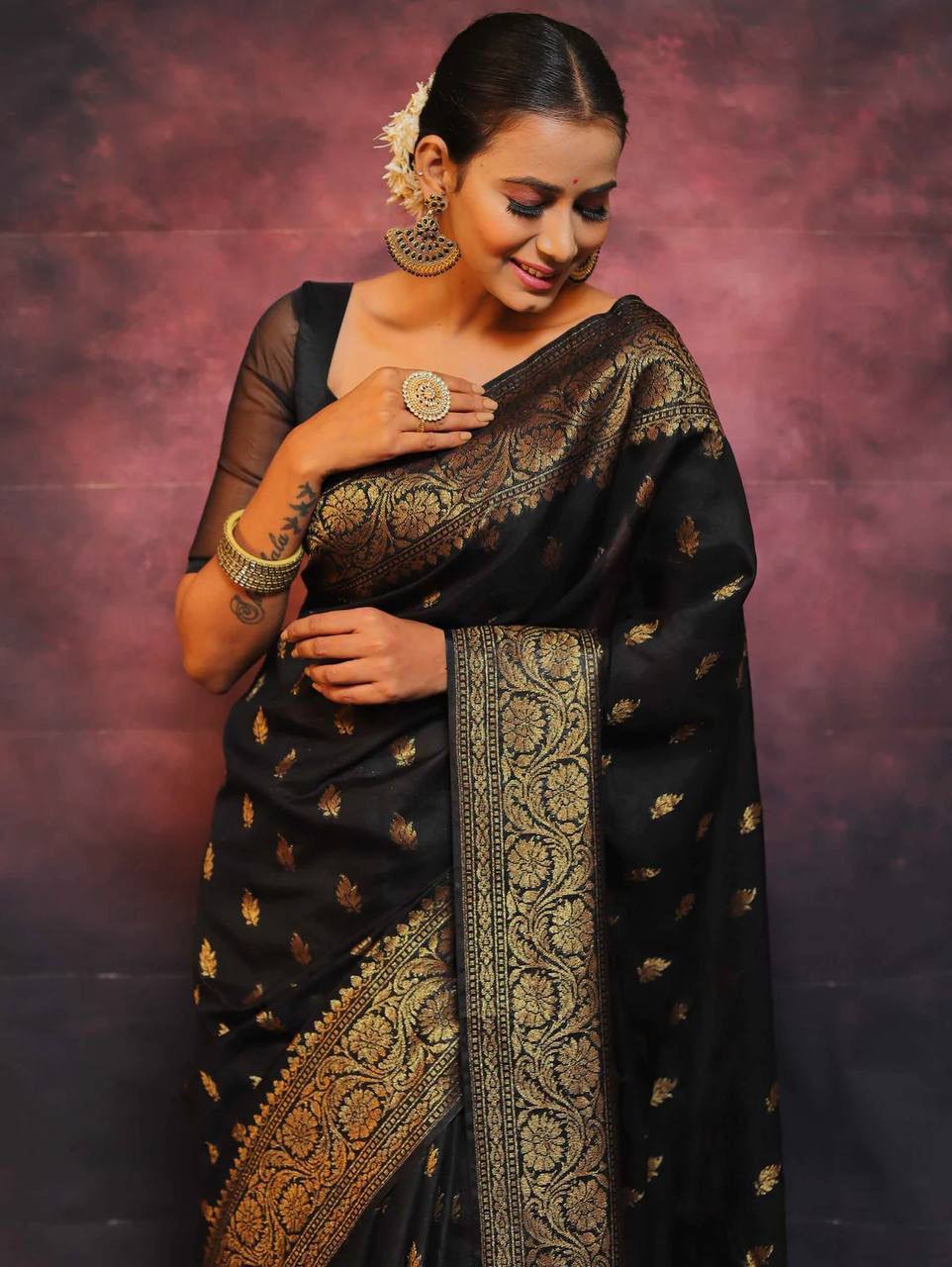 Black Color Banarasi Lichi Silk With Antique Gold Zari Work Saree With Blouse Piece