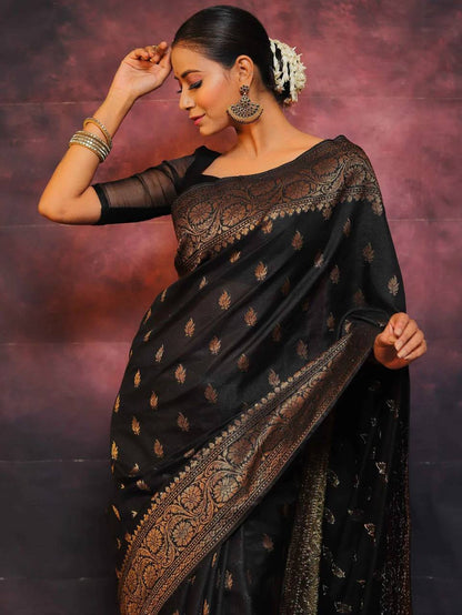 Black Color Banarasi Lichi Silk With Antique Gold Zari Work Saree With Blouse Piece
