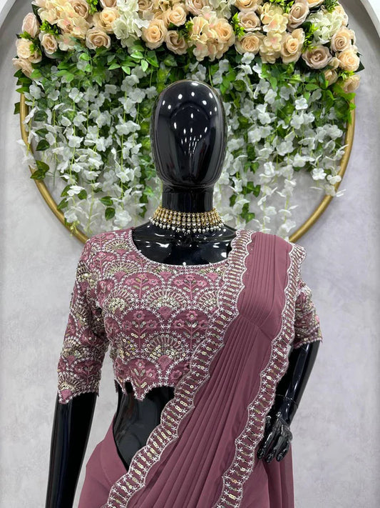 New Peach Color Georgette Thread sequence work Reay to Wear saree