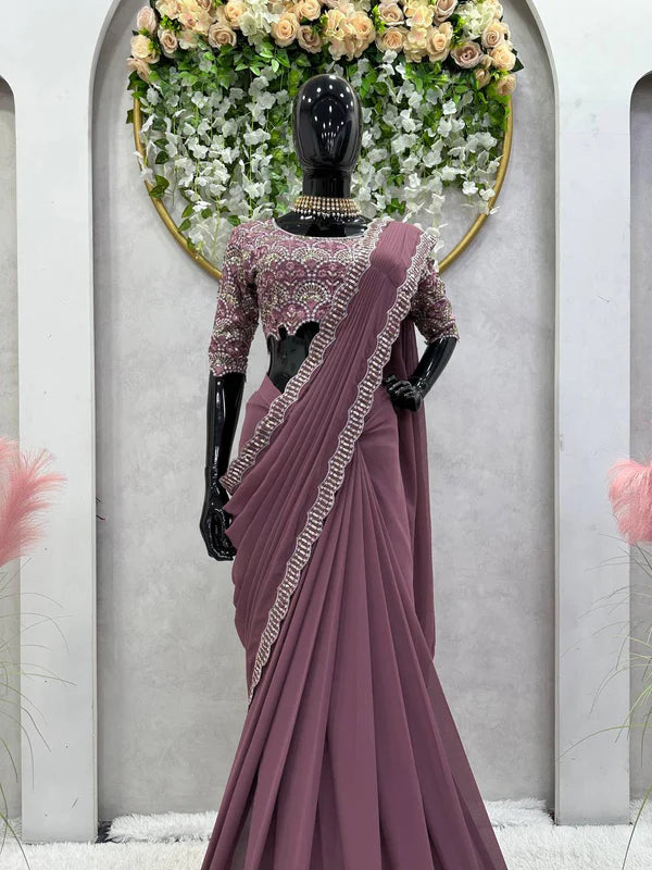New Peach Color Georgette Thread sequence work Reay to Wear saree