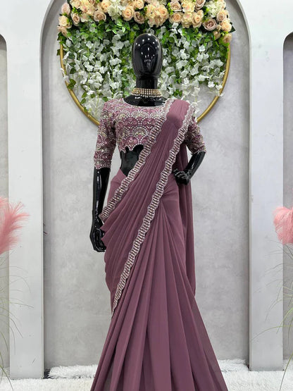 New Peach Color Georgette Thread sequence work Reay to Wear saree
