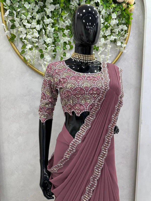 New Peach Color Georgette Thread sequence work Reay to Wear saree