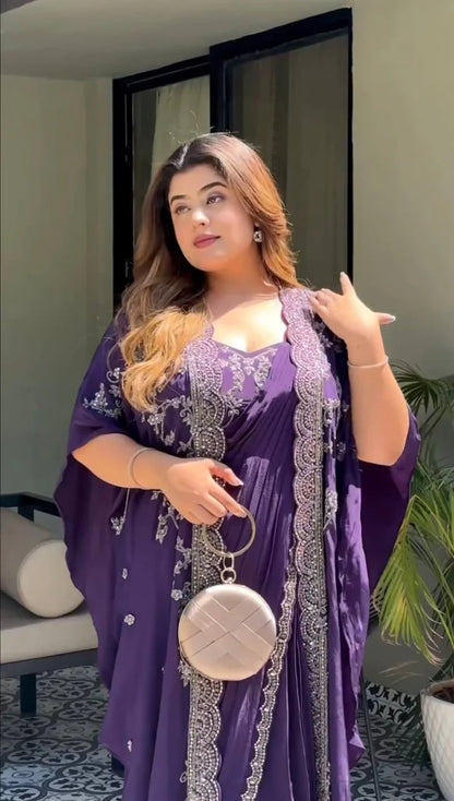Ready to Wear Purple Color Jimmy chu Sequin Saree WIth Shurg