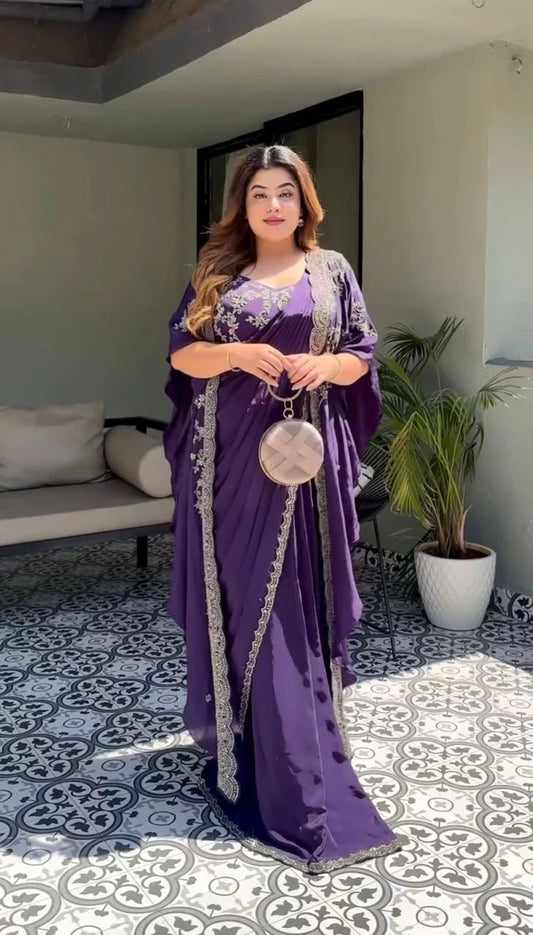 Ready to Wear Purple Color Jimmy chu Sequin Saree WIth Shurg