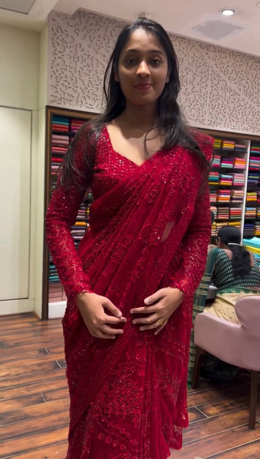 NEW DESIGN ON FAUX GEORGETTE FABRIC WITH EMBROIDERY & FANCY LACE WORK SAREE WITH STITCH BLOUSE