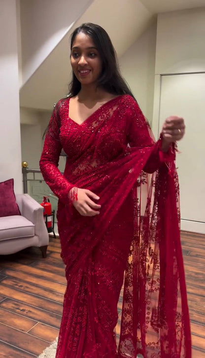 NEW DESIGN ON FAUX GEORGETTE FABRIC WITH EMBROIDERY & FANCY LACE WORK SAREE WITH STITCH BLOUSE