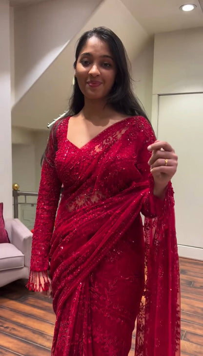 NEW DESIGN ON FAUX GEORGETTE FABRIC WITH EMBROIDERY & FANCY LACE WORK SAREE WITH STITCH BLOUSE