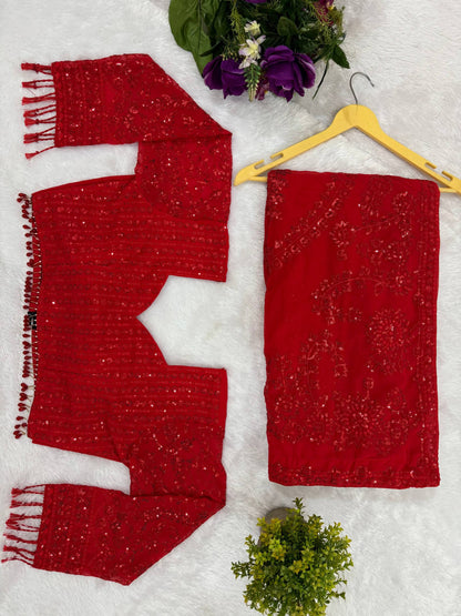 NEW DESIGN ON FAUX GEORGETTE FABRIC WITH EMBROIDERY & FANCY LACE WORK SAREE WITH STITCH BLOUSE