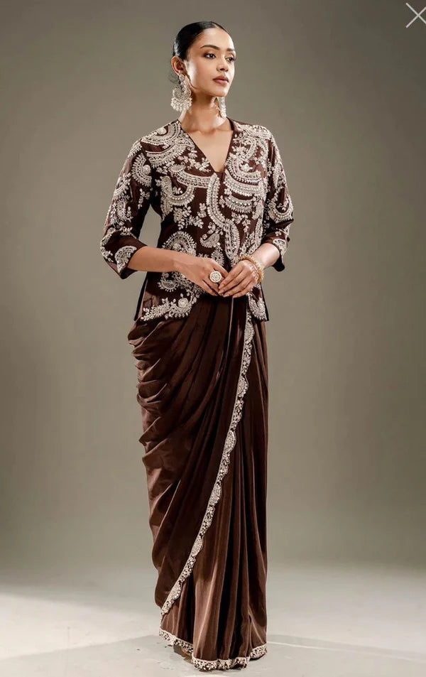 New Indo-Western Coffee Color Ready-to-Wear Saree with Fully Embroidered Koti & Stitched Blouse
