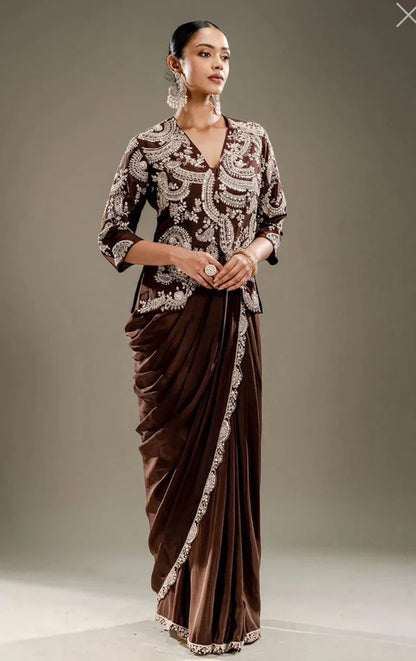 New Indo-Western Coffee Color Ready-to-Wear Saree with Fully Embroidered Koti & Stitched Blouse