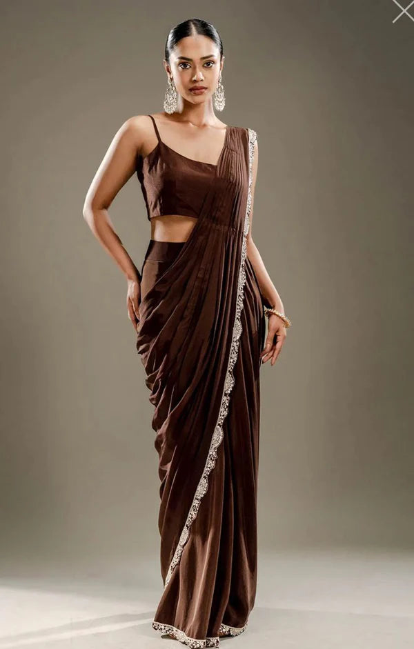 New Indo-Western Coffee Color Ready-to-Wear Saree with Fully Embroidered Koti & Stitched Blouse