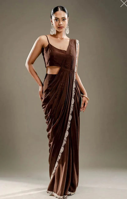 New Indo-Western Coffee Color Ready-to-Wear Saree with Fully Embroidered Koti & Stitched Blouse