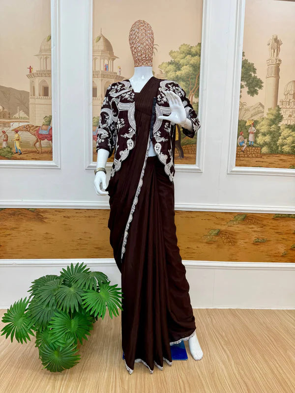 New Indo-Western Coffee Color Ready-to-Wear Saree with Fully Embroidered Koti & Stitched Blouse