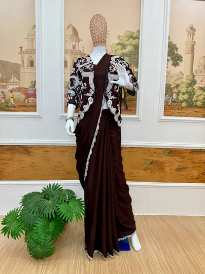 New Indo-Western Coffee Color Ready-to-Wear Saree with Fully Embroidered Koti & Stitched Blouse