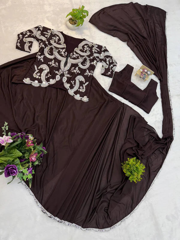 New Indo-Western Coffee Color Ready-to-Wear Saree with Fully Embroidered Koti & Stitched Blouse