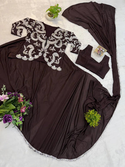 New Indo-Western Coffee Color Ready-to-Wear Saree with Fully Embroidered Koti & Stitched Blouse