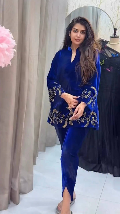 NEW LAUNCHING EMBROIDERED CO-ORD SET ON VELVET FABRIC WITH WORK