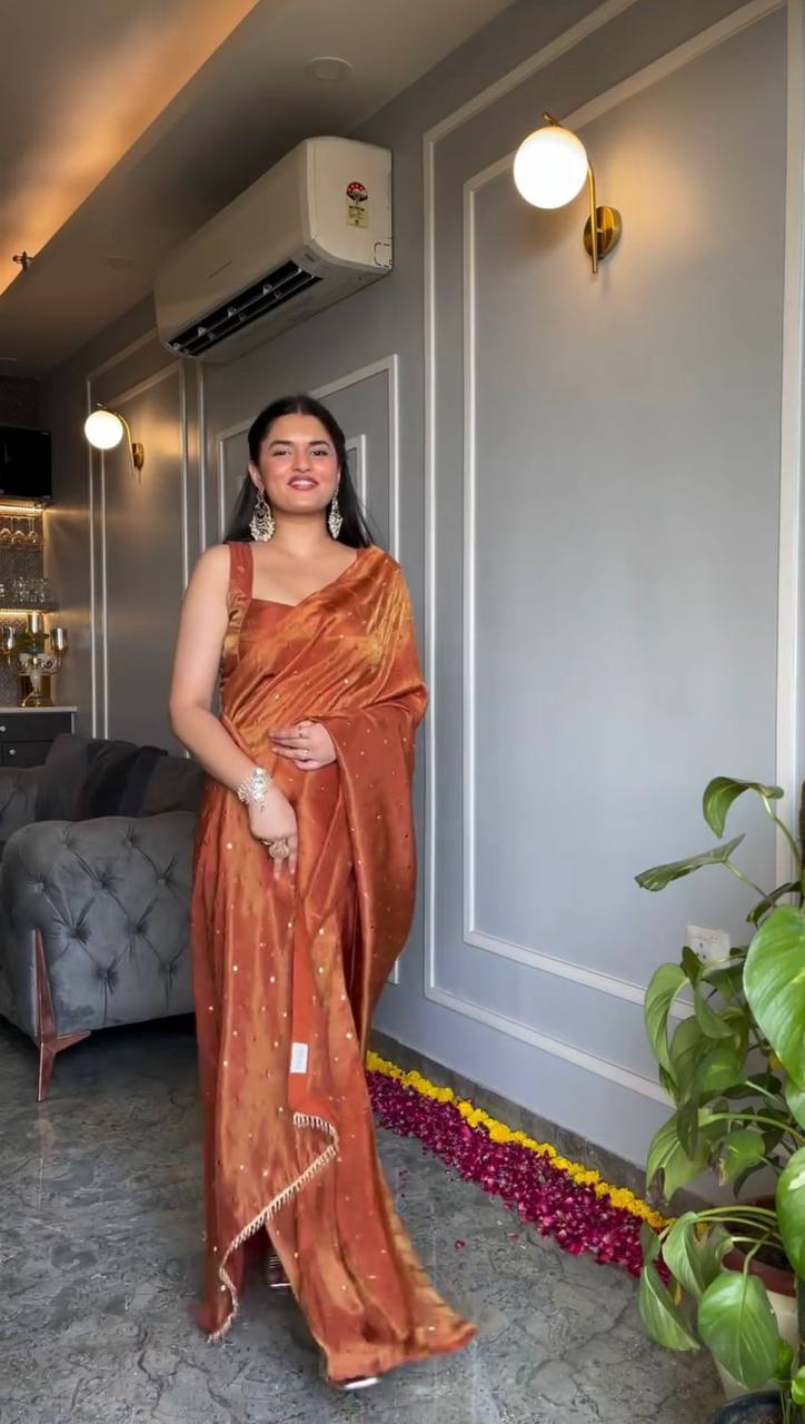 New Orange color Tissue Silk Saree With Blouse