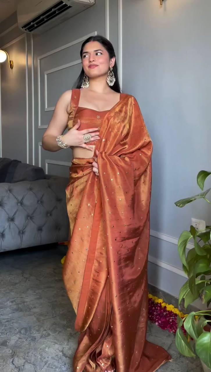 New Orange color Tissue Silk Saree With Blouse
