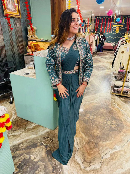 NEW SUPERHIT INDO-WESTERN READY TO WEAR SAREE WITH EMBROIDERED KOTI WITH BLOUSE