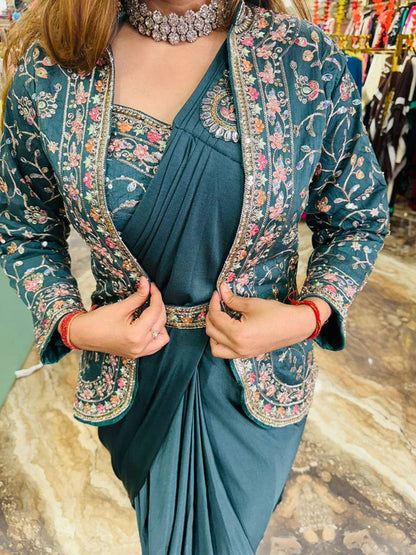 NEW SUPERHIT INDO-WESTERN READY TO WEAR SAREE WITH EMBROIDERED KOTI WITH BLOUSE