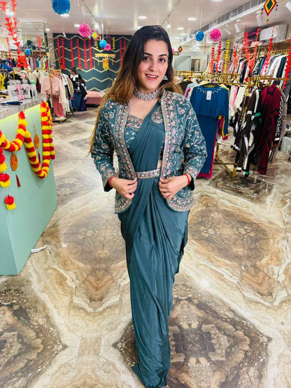 NEW SUPERHIT INDO-WESTERN READY TO WEAR SAREE WITH EMBROIDERED KOTI WITH BLOUSE
