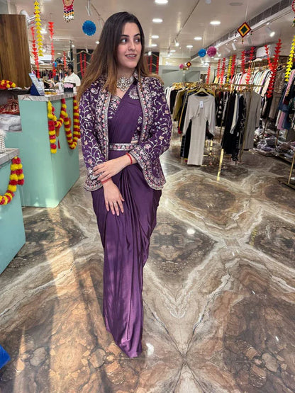 NEW SUPERHIT INDO-WESTERN READY TO WEAR SAREE WITH EMBROIDERED KOTI WITH BLOUSE