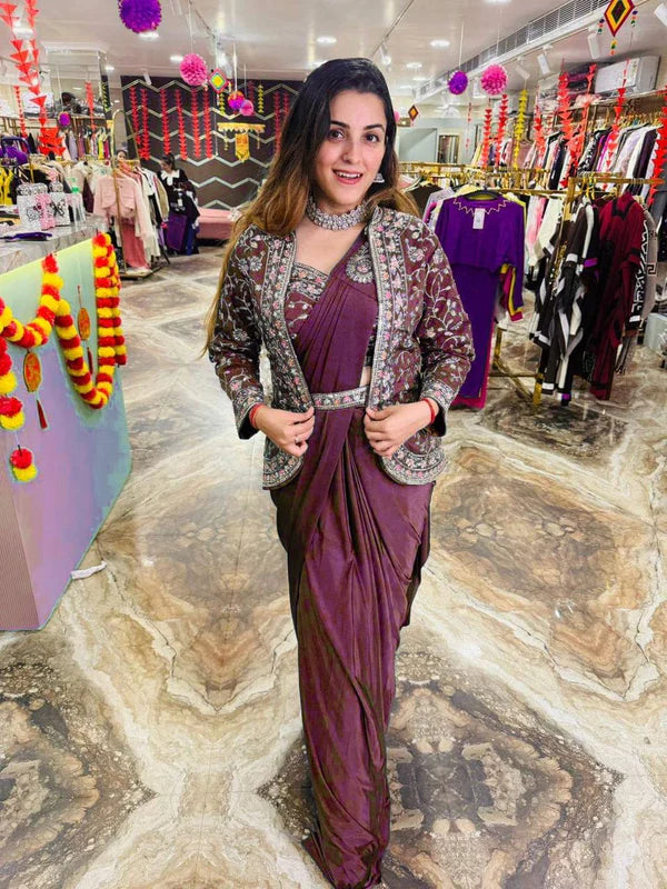 NEW SUPERHIT INDO-WESTERN READY TO WEAR SAREE WITH EMBROIDERED KOTI WITH BLOUSE