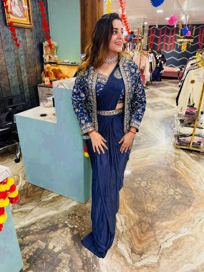 NEW SUPERHIT INDO-WESTERN READY TO WEAR SAREE WITH EMBROIDERED KOTI WITH BLOUSE