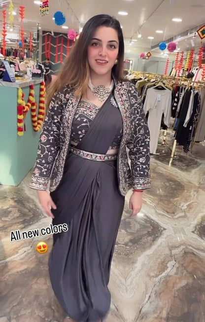 NEW SUPERHIT INDO-WESTERN READY TO WEAR SAREE WITH EMBROIDERED KOTI WITH BLOUSE